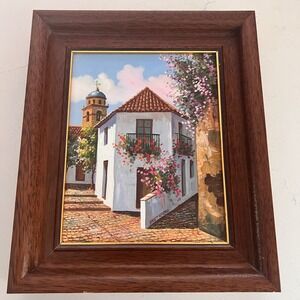 Firetamero Signed Original Oil Painting Mediterranean Village Scene Framed Art